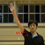 肩の力を入れず右上60度ぐらいに自然に腕を伸ばし、わずかにヒジを曲げる